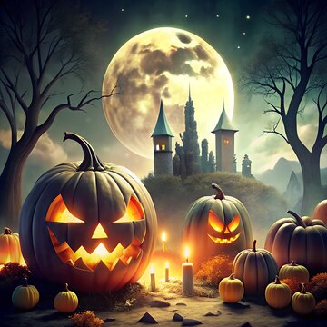 
Spooky halloween night with pumpkins candles and a castle under the moonlight
