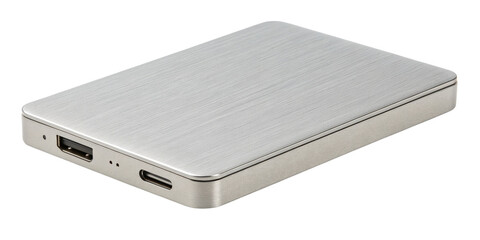 Silver Brushed Metal External SSD, Isolated on Transparent Background, High-Resolution, Product Mockup, Storage device, SSD, external drive