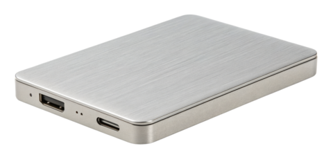 Silver Brushed Metal External SSD, Isolated on Transparent Background, High-Resolution, Product Mockup, Storage device, SSD, external drive