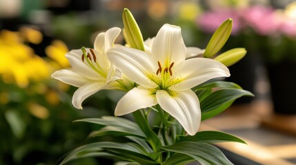 Obraz premium A stunning close-up of white lilies in bloom, showcasing their delicate petals and vibrant colors against a blurred garden background of various floral beauty.