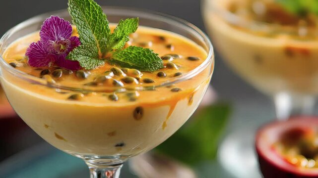 Passion fruit mousse dessert in glass coupes topped with mint leaves and orchid garnish, with halved passion fruit in the background. (zoom out)