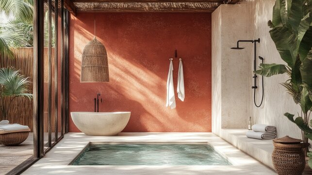 Sunlit bathroom with freestanding tub, plunge pool, terracotta walls, and woven accents