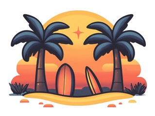 A cartoon drawing of a beach with palm trees and two surfboards