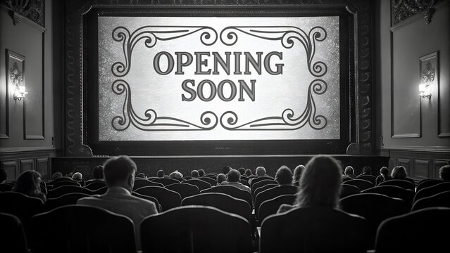 Opening soon cinema movie theater audience film black and white vintage retro auditorium showtime