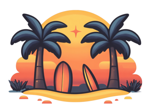 A cartoon drawing of a beach with palm trees and two surfboards