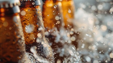 Captured in motion, this dynamic image showcases refreshing bottles with water splashes, epitomizing the essence of vitality and the invigorating qualities of hydration and refreshment.