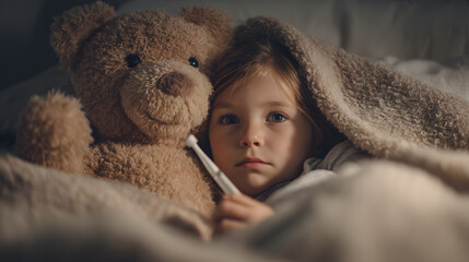 Little girl with thermometer in bed with teddy bear feeling sick