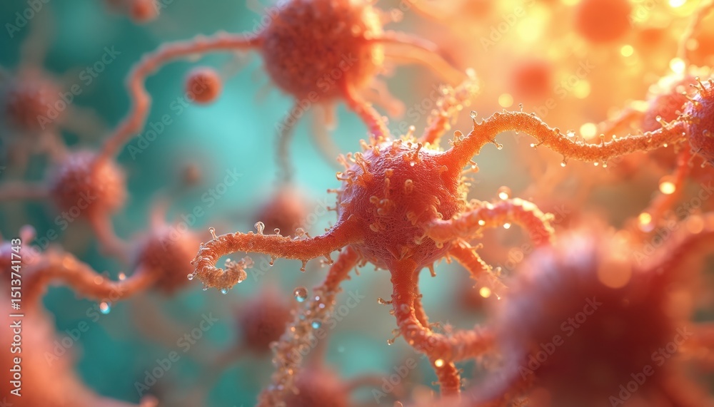 Poster illustration showing detailed view of neurons cells. neural network cells with dendrites, axons. ner