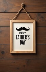 Wooden sign with black paper mustache and inscription Happy Father Day. Fathers day greeting card on wooden background. Fathers Day holiday, celebration with dad in rustic style.