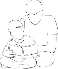 One continuous line drawing on white isolated background. Minimalism linear illustration. child, father, book, person, son, boy, family, man, education, reading
