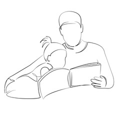 One continuous line drawing on white isolated background. Minimalism linear illustration. father, child, person, book, daughter, family, man, indoor, reading, adult