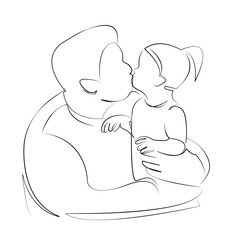 One continuous line drawing on white isolated background. Minimalism linear illustration. father, child, daughter, person, man, hug, happiness, love, family, childhood, kissing