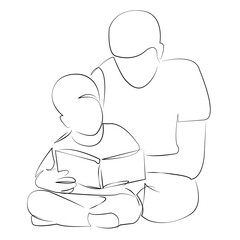 One continuous line drawing on white isolated background. Minimalism linear illustration. child, father, book, person, son, boy, family, man, education, reading