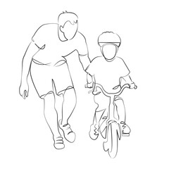 One continuous line drawing on white isolated background. Minimalism linear illustration. father, child, person, learning, son, boy, male, family, bicycle, teaching