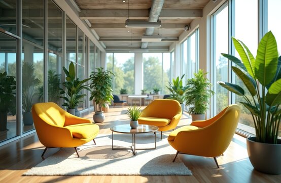 Modern office space with yellow armchairs round small table with plant. Indoor plants near panoramic windows, bright daylight. Comfortable, minimalist design, relaxation area, commercial property.