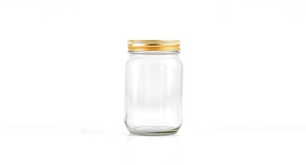 Minimalist image of a clear glass jar with gold lid on a white surface. Clean, modern composition with soft lighting and subtle reflections highlighting transparency and elegance.

