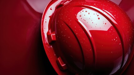 A close-up of a glossy red hard hat featuring water droplets, symbolizing safety and protection in construction or industrial environments, showcasing vibrant colors and textures.