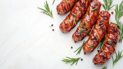Grilled sausages with rosemary and garlic, roasted style, top view on white with copy space. 