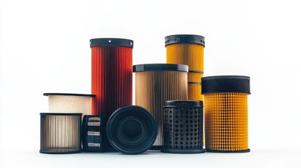 Isolated car filters (air, fuel, oil) for vehicle servicing and maintenance use, on white background. 
