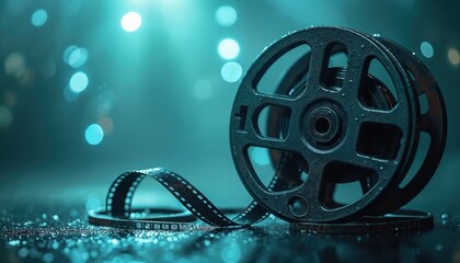 Conceptual image of movie reel. Film reel world of cinematography, film production. Illustration perfect for event promotion in film industry. Reel with film tape on blurred blue background with