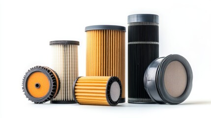 Isolated car filters (air, fuel, oil) for vehicle servicing and maintenance use, on white background. 