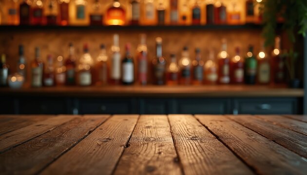Wooden tabletop bar background with blurred bottles. Table surface made of planks in cozy pub restaurant, retro vintage design. Nightlife drinks concept, warm light, classic mood.