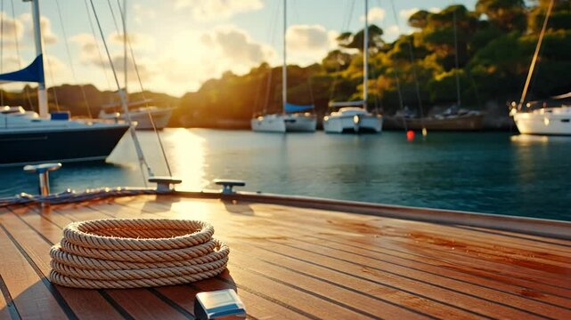 Rope coil on boat deck with sailboats in harbor warm sunlight maritime travel and sailing theme