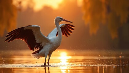 Stork bird spreads wings over water during golden hour sunset. Dramatic image of bird in flight over lake. Peaceful nature scene reflects in water, golden light. Generative AI art, majestic wildlife.