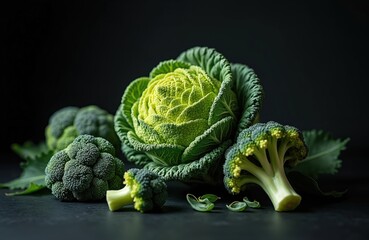Obraz premium Close-up of fresh Romanesco cabbage, broccoli on dark background. Organic vegetables, vibrant green colour, healthy food. Vegetarian diet, raw ingredients. Harvest from garden, natural vitamins,