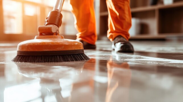 A person cleaning a polished floor with a broom in a bright and organized space, reflecting diligence and the importance of cleanliness in everyday life.