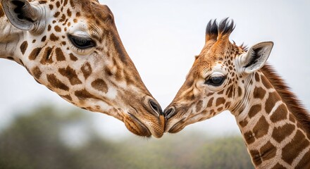 Obraz premium Mother and baby giraffe with tender mood touching noses in wildlife photography style on natural blurred background, representing animal affection 