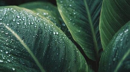 Obraz premium Close-Up Of Rainforest Leaves With Water Droplets And Gentle Light, Suitable For Eco Themes And Botanical Studies