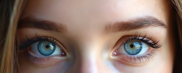 Naklejka premium Close-up of beautiful female blue eyes. Young caucasian woman face looking directly into the camera. Long eyelashes, clear skin, natural beauty. Glamour, fashion, cosmetic theme.