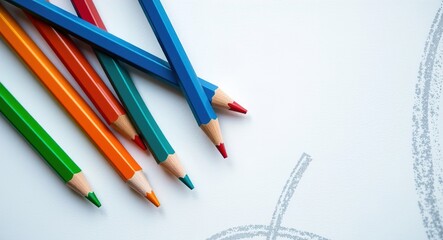 Diagonal row of sharpened colored pencils on textured white surface. Soft lighting highlights vivid colors and abstract gray markings in a clean, artistic arrangement.

