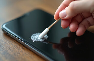 Hand cleans smartphone screen with cotton swab. Virus prevention concept. Digital device hygiene, antibacterial care, phone protection against germs, infection. Clean smart mobile.