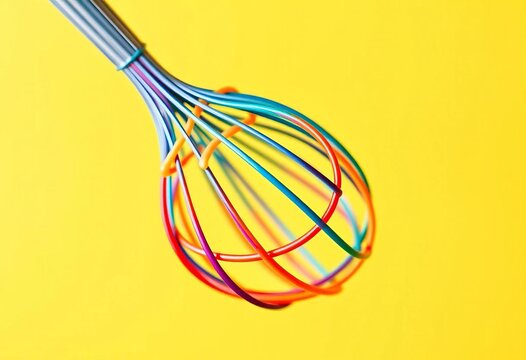 A cheerful rainbow-colored whisk, playfully swirling, against a bright yellow background,  illustration art,  colorful illustration