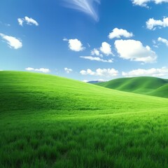 Fototapeta premium Scenic view green grass field under blue sky with clouds. Rolling hills, peaceful countryside landscape at sunny day. Nature, environment, outdoor, ecology concept.