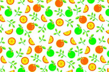 Seamless pattern citrus slices and orange fruit. Set of citrus slices and orange fruits. Citrus slices and leaves illustration collection. Orange fruit pattern background. Seamless pattern of lemon.