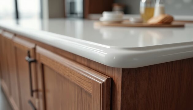 Close-up of a kitchen countertop with a matte white laminate surface. The smooth curved edge detail. Wooden cabinet design below. Modern kitchen design.