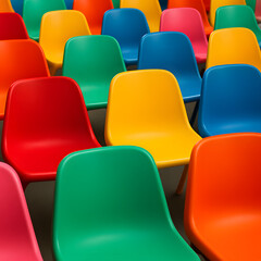 Naklejka premium Colorful plastic chairs arranged in rows, red, yellow, green, blue seating pattern, vibrant modern design, empty seats, bold color symmetry, interior layout for event, classroom or waiting area concep