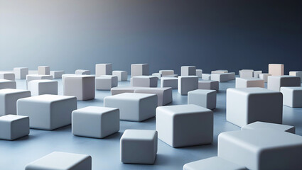 Soothing cube pattern with subtle shadows, light gray and blue digital background with soft lighting
