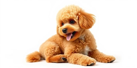 Adorable apricot toy poodle, recently groomed, sits sideways, tongue out, isolated on white,  pet portrait,  puppy