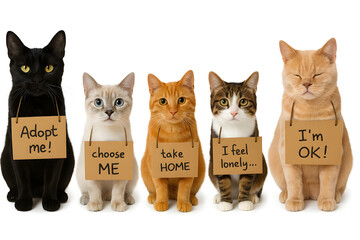 Group of cute cats sitting in row with cardboard signs asking for adoption, isolated on white background, concept of rescue pets, animal shelter awareness, love, empathy, and responsible ownership
