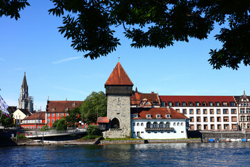 Pictures from Bodensee lakes depicting the view of the Rheintorturm in Konstanz