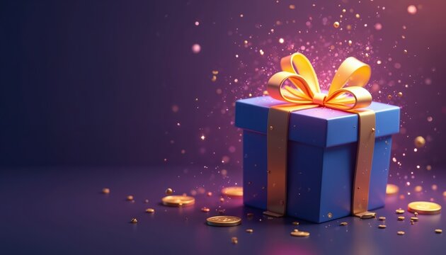 Gift box with bonus coins. Prize, casino reward, jackpot. Winner congratulation, mystery online promotion, trophy, loot, award, present. Giveaway, lottery, sale, design, surprise, magic, lucky.