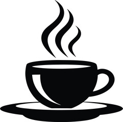  A solid black icon of a coffee or tea cup with steam rising and a saucer below.