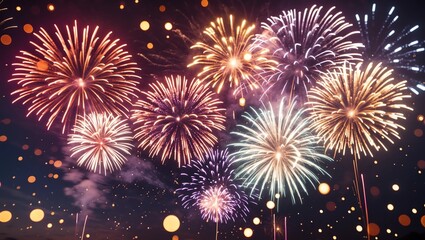 Fototapeta premium Colorful firework with bokeh background. New Year celebration, Abstract holiday background