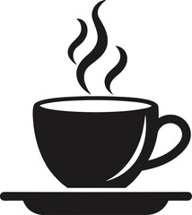 A solid black icon of a coffee or tea cup with steam rising and a saucer below.