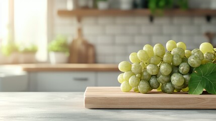 A bunch of fresh green grapes rests on a wooden cutting board, embodying the essence of freshness, health, and nature&rsquo;s bounty in a beautifully lit kitchen setting.