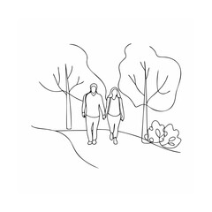Line drawing illustration of a couple walking in a park holding hands together